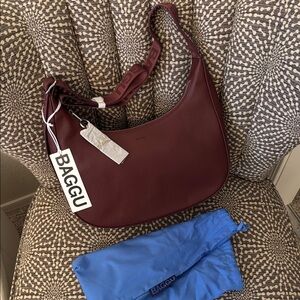 BAGGU Medium Recycled Leather Crescent Shoulder Bag Mahogany Burgundy NWT
